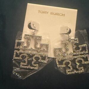 Tory Burch Sparkling Silver Logo Earrings